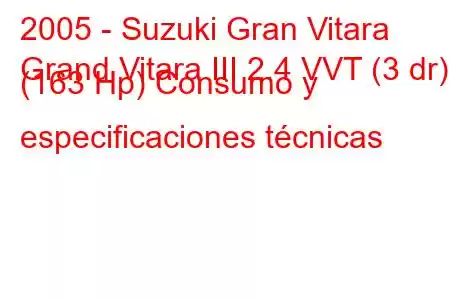 2005 - Suzuki Gran Vitara
Grand Vitara III 2.4 VVT (3 dr) (163 Hp) Consumo y especificaciones técnicas