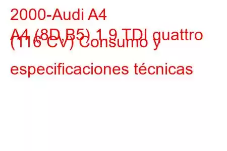 2000-Audi A4
A4 (8D,B5) 1.9 TDI quattro (116 CV) Consumo y especificaciones técnicas