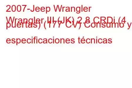 2007-Jeep Wrangler
Wrangler III (JK) 2.8 CRDi (4 puertas) (177 CV) Consumo y especificaciones técnicas