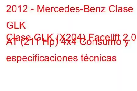 2012 - Mercedes-Benz Clase GLK
Clase GLK (X204) Facelift 2.0 AT (211 Hp) 4x4 Consumo y especificaciones técnicas