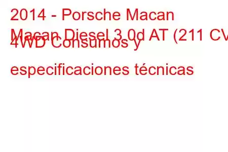 2014 - Porsche Macan
Macan Diesel 3.0d AT (211 CV) 4WD Consumos y especificaciones técnicas