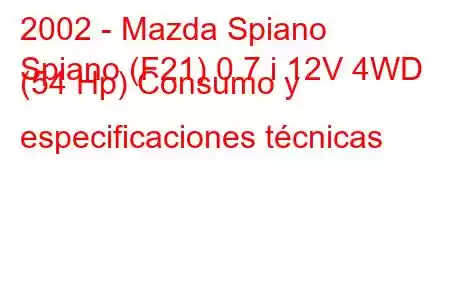 2002 - Mazda Spiano
Spiano (F21) 0.7 i 12V 4WD (54 Hp) Consumo y especificaciones técnicas