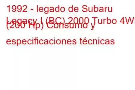 1992 - legado de Subaru
Legacy I (BC) 2000 Turbo 4WD (200 Hp) Consumo y especificaciones técnicas