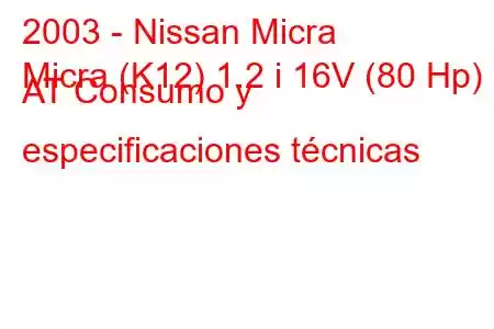 2003 - Nissan Micra
Micra (K12) 1.2 i 16V (80 Hp) AT Consumo y especificaciones técnicas