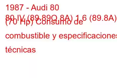 1987 - Audi 80
80 IV (89.89Q,8A) 1.6 (89.8A) (70 Hp) Consumo de combustible y especificaciones técnicas