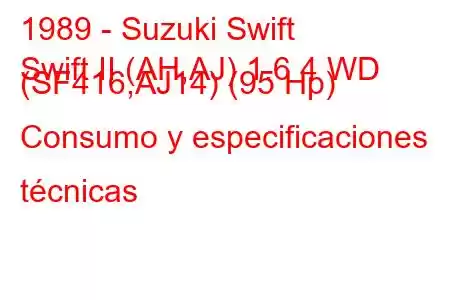 1989 - Suzuki Swift
Swift II (AH,AJ) 1.6 4 WD (SF416,AJ14) (95 Hp) Consumo y especificaciones técnicas