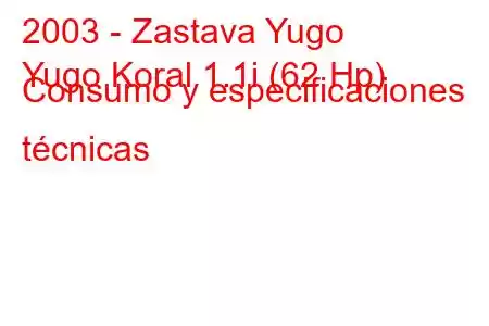 2003 - Zastava Yugo
Yugo Koral 1.1i (62 Hp) Consumo y especificaciones técnicas