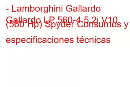 - Lamborghini Gallardo
Gallardo LP 560-4 5.2i V10 (560 Hp) Spyder Consumos y especificaciones técnicas