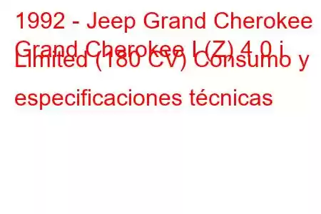 1992 - Jeep Grand Cherokee
Grand Cherokee I (Z) 4.0 i Limited (180 CV) Consumo y especificaciones técnicas