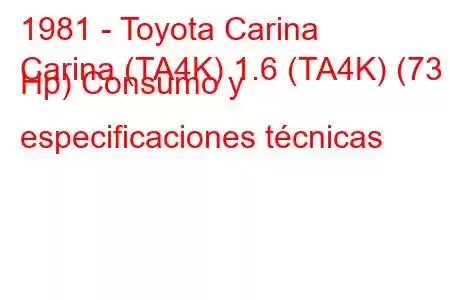 1981 - Toyota Carina
Carina (TA4K) 1.6 (TA4K) (73 Hp) Consumo y especificaciones técnicas