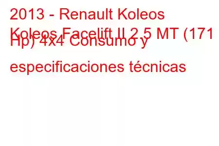 2013 - Renault Koleos
Koleos Facelift II 2.5 MT (171 Hp) 4x4 Consumo y especificaciones técnicas