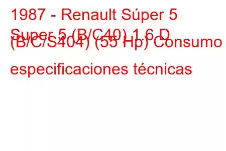 1987 - Renault Súper 5
Super 5 (B/C40) 1.6 D (B/C/S404) (55 Hp) Consumo y especificaciones técnicas