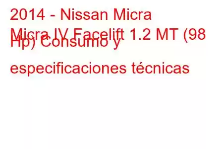 2014 - Nissan Micra
Micra IV Facelift 1.2 MT (98 Hp) Consumo y especificaciones técnicas