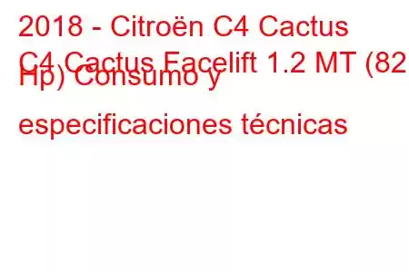 2018 - Citroën C4 Cactus
C4 Cactus Facelift 1.2 MT (82 Hp) Consumo y especificaciones técnicas