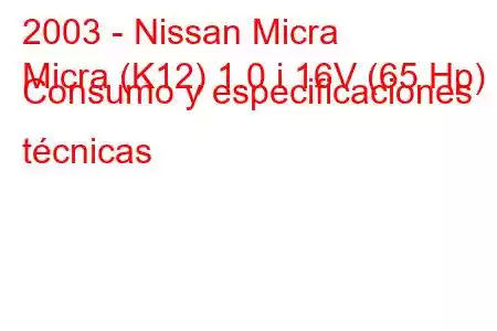 2003 - Nissan Micra
Micra (K12) 1.0 i 16V (65 Hp) Consumo y especificaciones técnicas