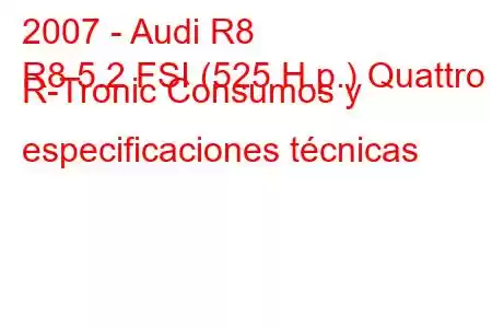 2007 - Audi R8
R8 5.2 FSI (525 H.p.) Quattro R-Tronic Consumos y especificaciones técnicas