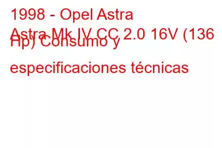 1998 - Opel Astra
Astra Mk IV CC 2.0 16V (136 Hp) Consumo y especificaciones técnicas