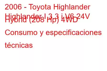 2006 - Toyota Highlander
Highlander I 3.3 i V6 24V Hybrid (208 Hp) 4WD Consumo y especificaciones técnicas