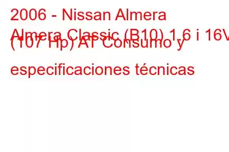 2006 - Nissan Almera
Almera Classic (B10) 1.6 i 16V (107 Hp) AT Consumo y especificaciones técnicas