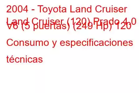 2004 - Toyota Land Cruiser
Land Cruiser (120) Prado 4.0 V6 (5 puertas) (249 Hp) 120 Consumo y especificaciones técnicas