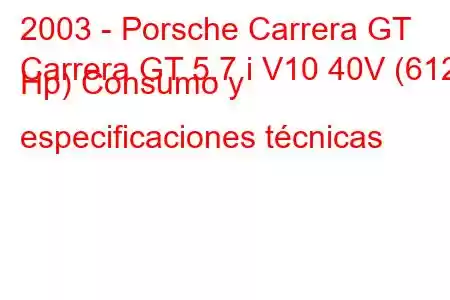 2003 - Porsche Carrera GT
Carrera GT 5.7 i V10 40V (612 Hp) Consumo y especificaciones técnicas