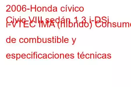 2006-Honda cívico
Civic VIII sedán 1.3 i-DSi i-VTEC IMA (híbrido) Consumo de combustible y especificaciones técnicas