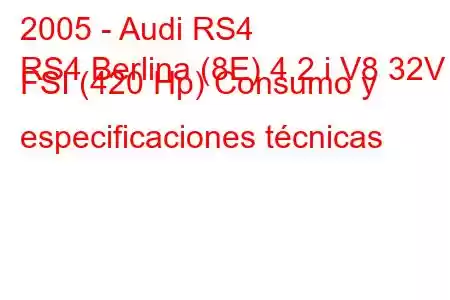 2005 - Audi RS4
RS4 Berlina (8E) 4.2 i V8 32V FSI (420 Hp) Consumo y especificaciones técnicas