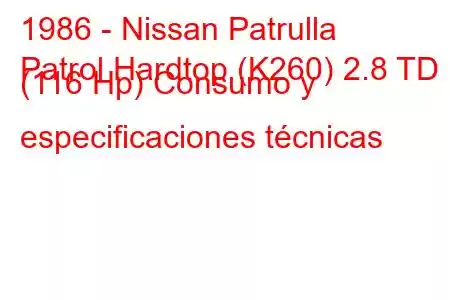 1986 - Nissan Patrulla
Patrol Hardtop (K260) 2.8 TD (116 Hp) Consumo y especificaciones técnicas