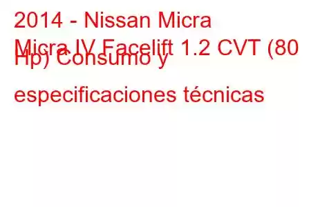 2014 - Nissan Micra
Micra IV Facelift 1.2 CVT (80 Hp) Consumo y especificaciones técnicas