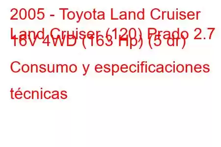 2005 - Toyota Land Cruiser
Land Cruiser (120) Prado 2.7 i 16V 4WD (163 Hp) (5 dr) Consumo y especificaciones técnicas