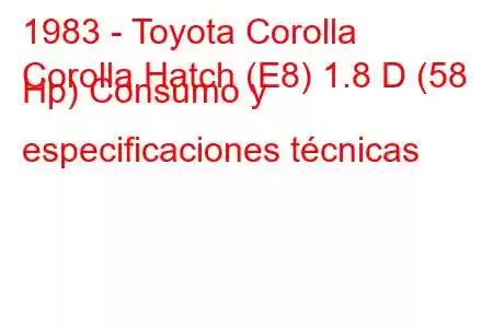 1983 - Toyota Corolla
Corolla Hatch (E8) 1.8 D (58 Hp) Consumo y especificaciones técnicas