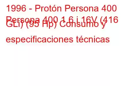 1996 - Protón Persona 400
Persona 400 1.6 i 16V (416 GLi) (95 Hp) Consumo y especificaciones técnicas