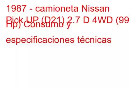 1987 - camioneta Nissan
Pick UP (D21) 2.7 D 4WD (99 Hp) Consumo y especificaciones técnicas