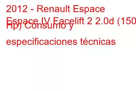 2012 - Renault Espace
Espace IV Facelift 2 2.0d (150 Hp) Consumo y especificaciones técnicas