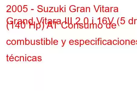 2005 - Suzuki Gran Vitara
Grand Vitara III 2.0 i 16V (5 dr) (140 Hp) AT Consumo de combustible y especificaciones técnicas