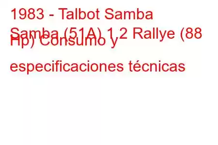 1983 - Talbot Samba
Samba (51A) 1.2 Rallye (88 Hp) Consumo y especificaciones técnicas