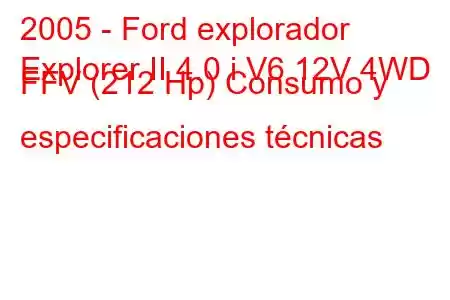 2005 - Ford explorador
Explorer II 4.0 i V6 12V 4WD FFV (212 Hp) Consumo y especificaciones técnicas