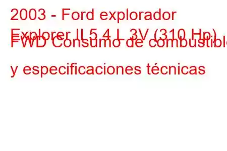 2003 - Ford explorador
Explorer II 5.4 L 3V (310 Hp) FWD Consumo de combustible y especificaciones técnicas