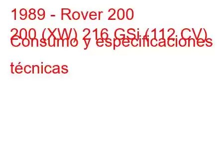 1989 - Rover 200
200 (XW) 216 GSi (112 CV) Consumo y especificaciones técnicas