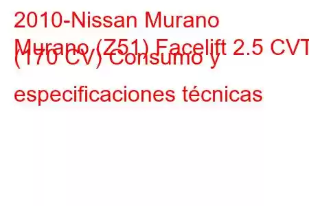 2010-Nissan Murano
Murano (Z51) Facelift 2.5 CVT (170 CV) Consumo y especificaciones técnicas