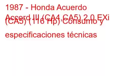 1987 - Honda Acuerdo
Accord III (CA4,CA5) 2.0 EXi (CA5) (116 Hp) Consumo y especificaciones técnicas