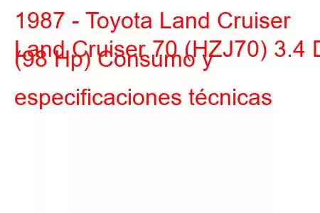 1987 - Toyota Land Cruiser
Land Cruiser 70 (HZJ70) 3.4 D (98 Hp) Consumo y especificaciones técnicas