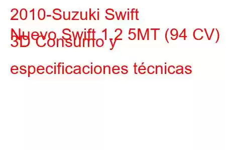 2010-Suzuki Swift
Nuevo Swift 1.2 5MT (94 CV) 3D Consumo y especificaciones técnicas