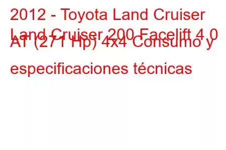 2012 - Toyota Land Cruiser
Land Cruiser 200 Facelift 4.0 AT (271 Hp) 4x4 Consumo y especificaciones técnicas