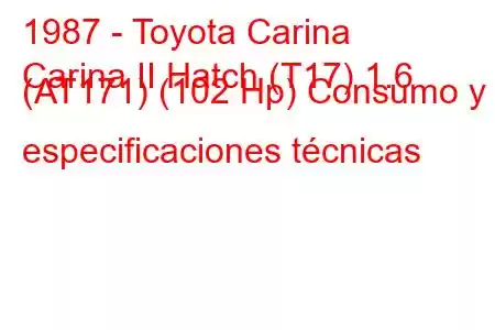 1987 - Toyota Carina
Carina II Hatch (T17) 1.6 (AT171) (102 Hp) Consumo y especificaciones técnicas