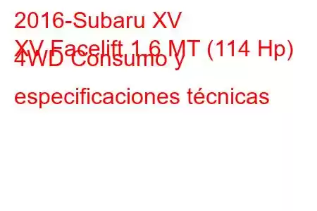 2016-Subaru XV
XV Facelift 1.6 MT (114 Hp) 4WD Consumo y especificaciones técnicas