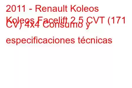 2011 - Renault Koleos
Koleos Facelift 2.5 CVT (171 CV) 4x4 Consumo y especificaciones técnicas