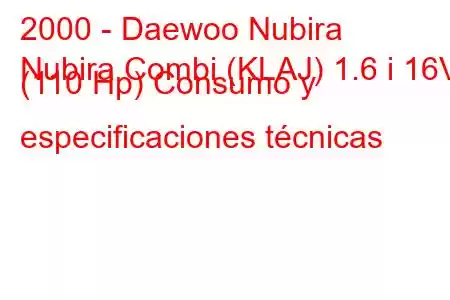 2000 - Daewoo Nubira
Nubira Combi (KLAJ) 1.6 i 16V (110 Hp) Consumo y especificaciones técnicas