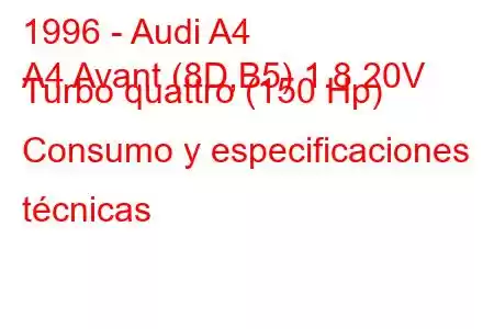 1996 - Audi A4
A4 Avant (8D,B5) 1.8 20V Turbo quattro (150 Hp) Consumo y especificaciones técnicas