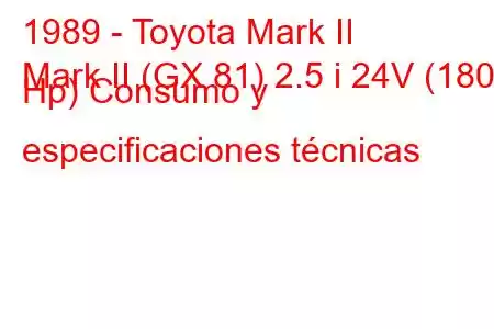 1989 - Toyota Mark II
Mark II (GX 81) 2.5 i 24V (180 Hp) Consumo y especificaciones técnicas